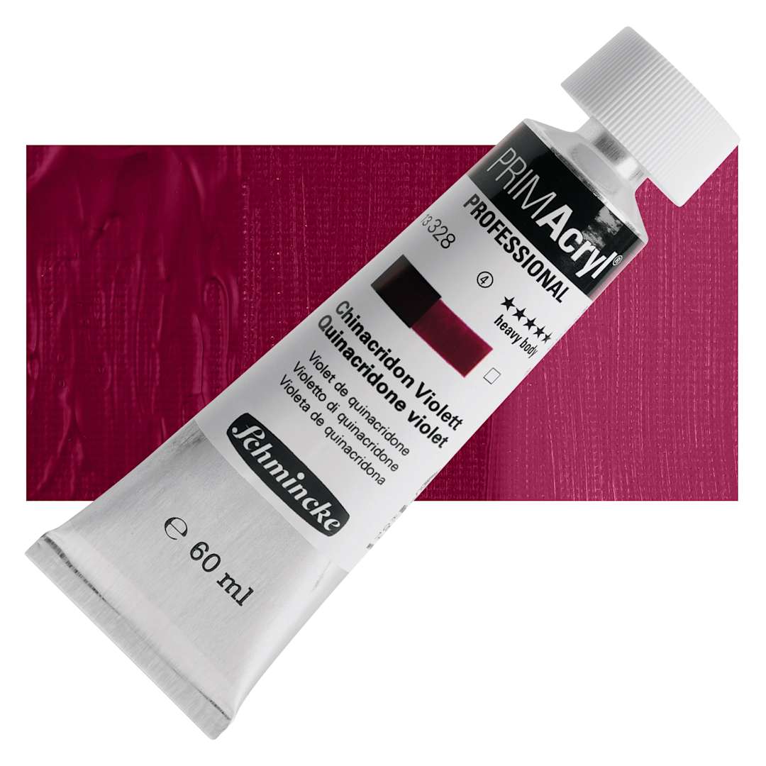 Open in modal - Schmincke Primacryl Professional Acrylic Paint - Quinacridone Violet, 60 ml Tube and swatch
