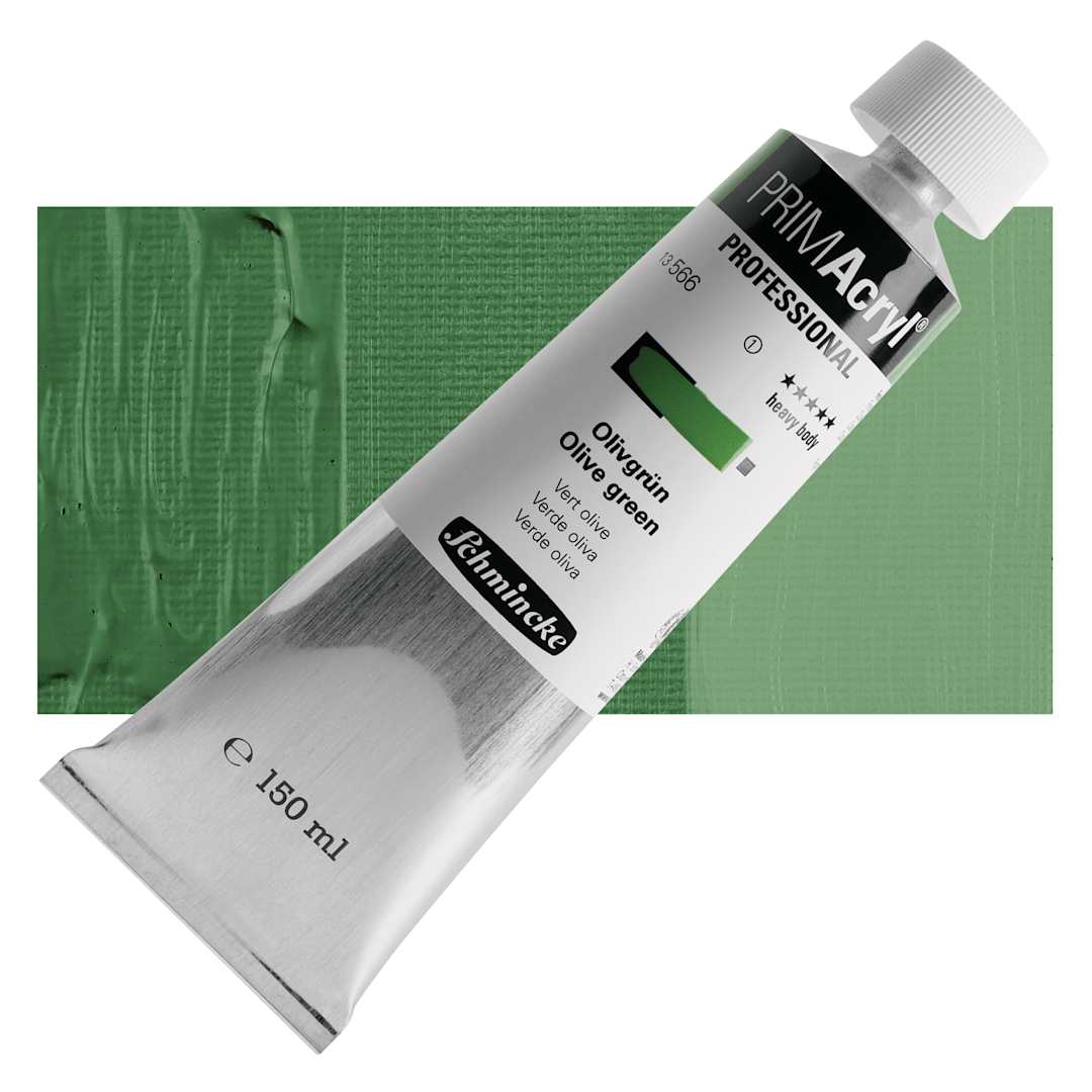 Open in modal - Schmincke Primacryl Professional Acrylic Paint - Olive Green, 150 ml Tube and swatch