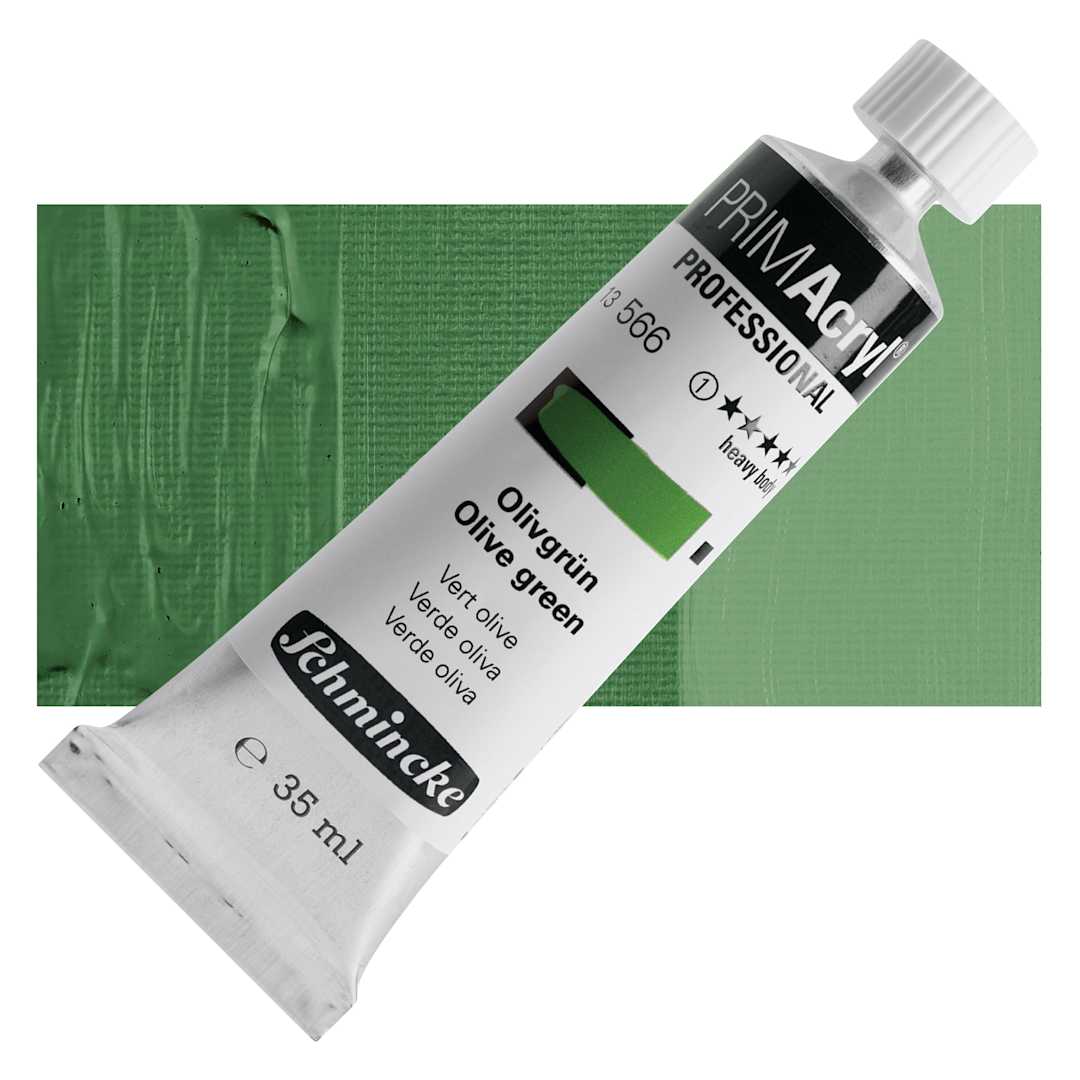Open in modal - Schmincke Primacryl Professional Acrylic Paint - Olive Green, 35 ml Tube and swatch