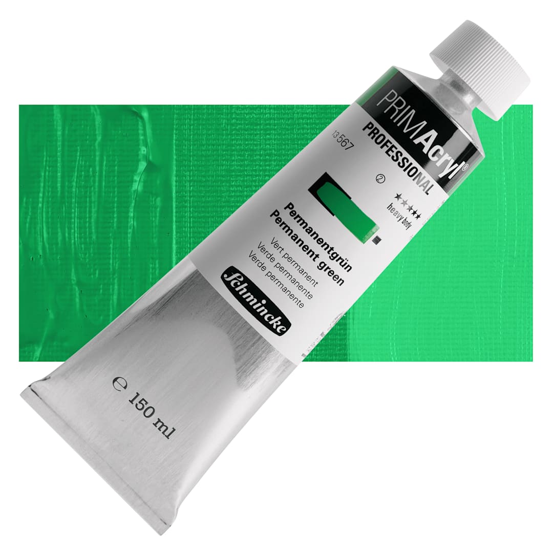 Open in modal - Schmincke Primacryl Professional Acrylic Paint - Permanent Green, 150 ml Tube and swatch