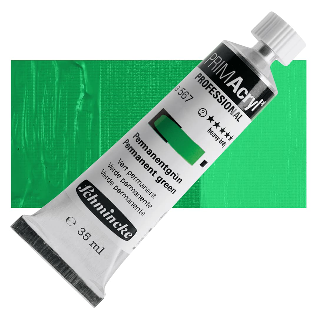 Open in modal - Schmincke Primacryl Professional Acrylic Paint - Permanent Green, 35 ml Tube and swatch