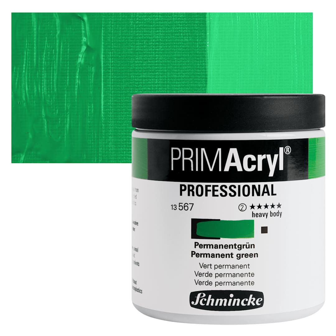 Open in modal - Schmincke Primacryl Professional Acrylic Paint - Permanent Green, 237 ml Jar and swatch