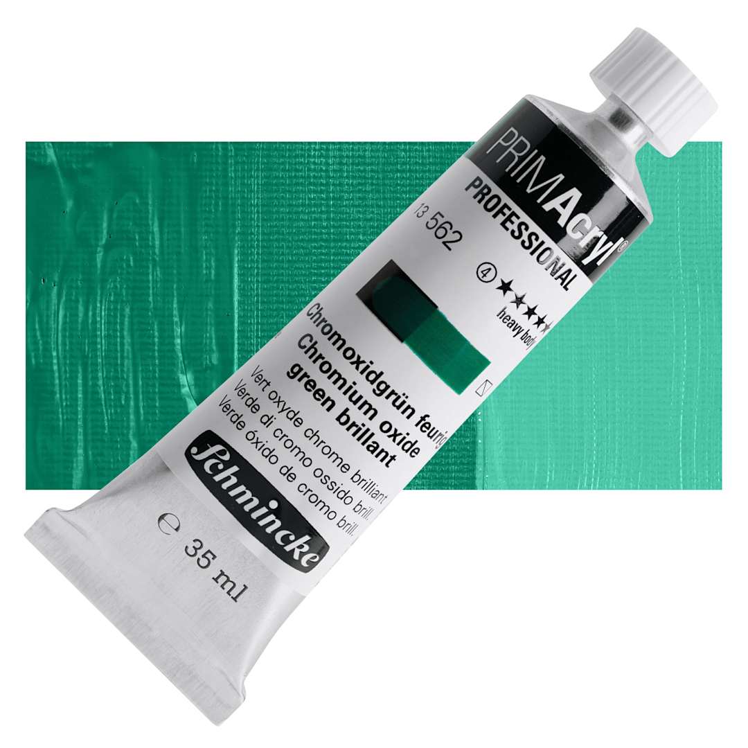 Open in modal - Schmincke Primacryl Professional Acrylic Paint - Chromium Oxide Green Brilliant, 35 ml Tube and swatch