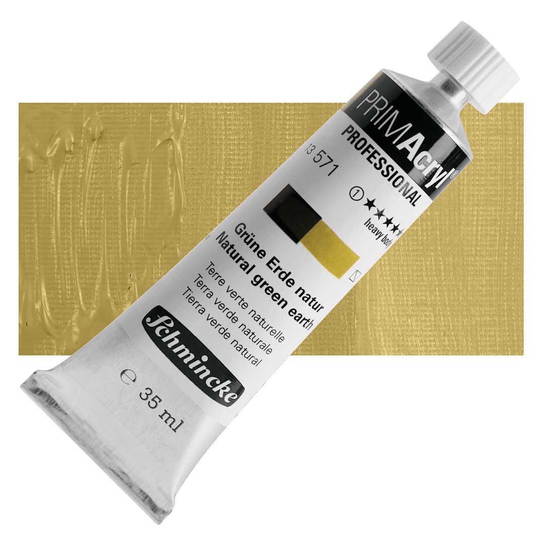 Open in modal - Schmincke Primacryl Professional Acrylic Paint - Natural Green Earth, 35 ml Tube and swatch