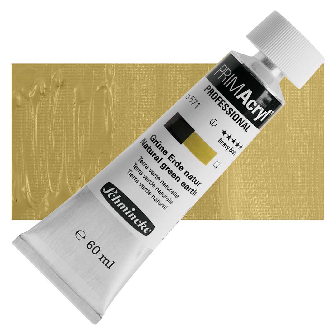 Open in modal - Schmincke Primacryl Professional Acrylic Paint - Natural Green Earth, 60 ml Tube and swatch