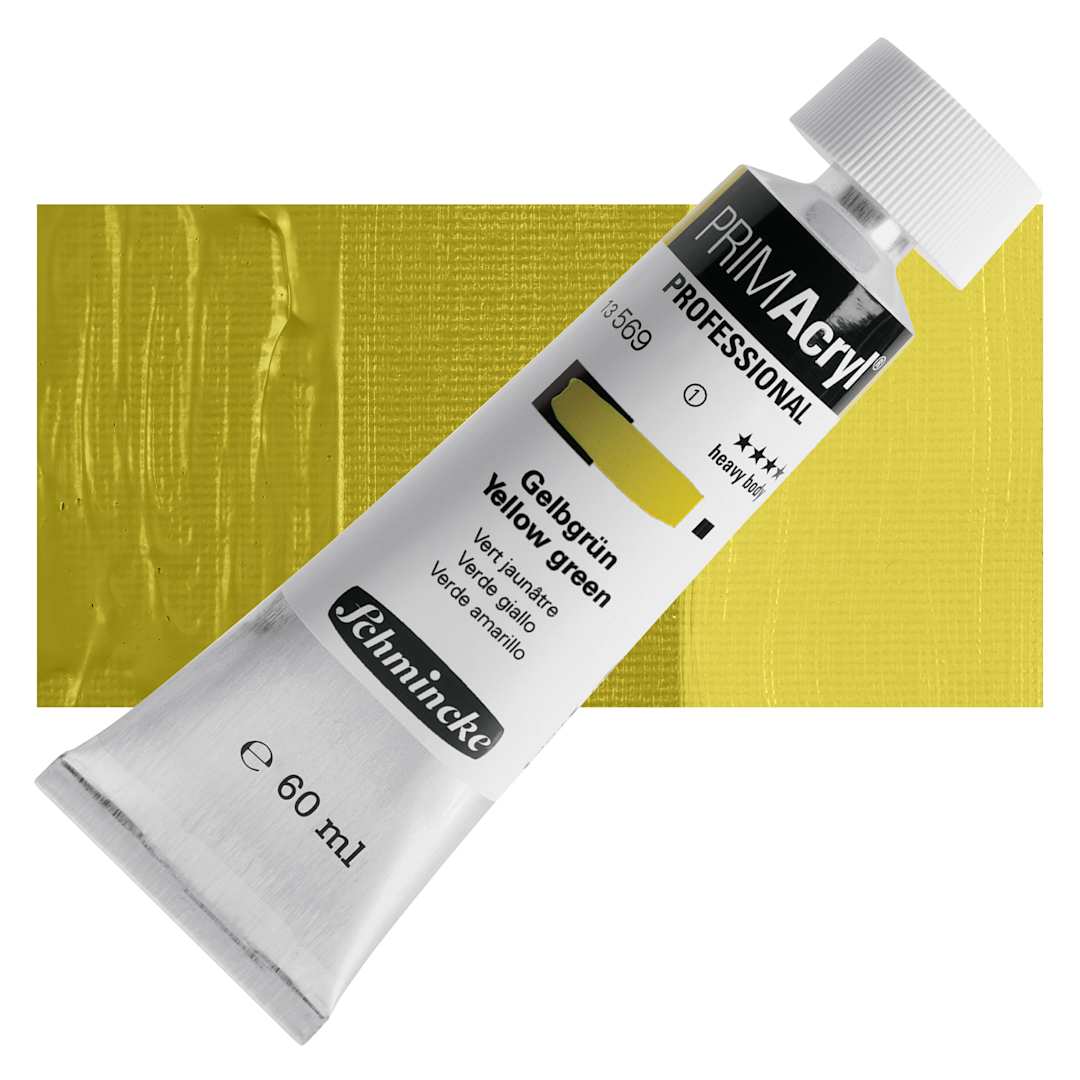 Open in modal - Schmincke Primacryl Professional Acrylic Paint - Yellow Green, 60 ml Tube and swatch