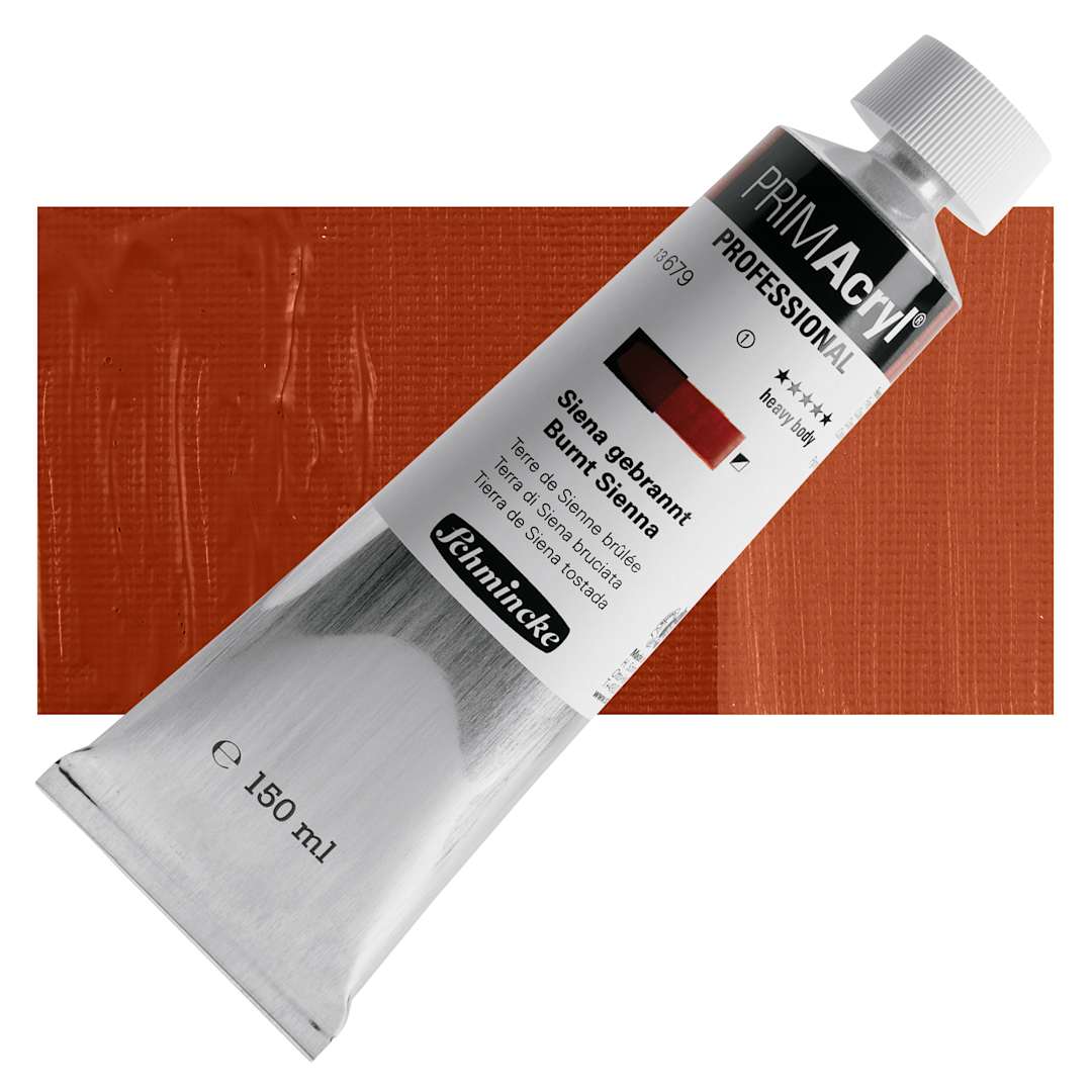 Open in modal - Schmincke Primacryl Professional Acrylic Paint - Burnt Sienna, 150 ml Tube and swatch