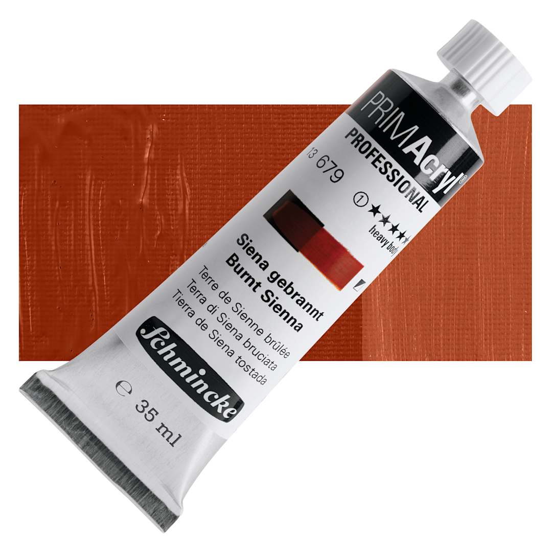 Open in modal - Schmincke Primacryl Professional Acrylic Paint - Burnt Sienna, 35 ml Tube and swatch