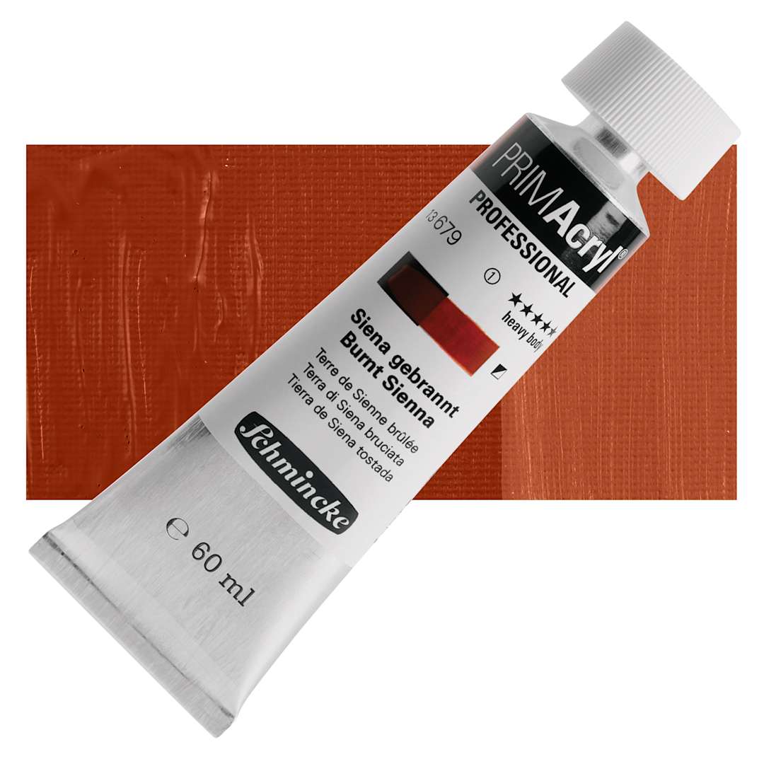 Open in modal - Schmincke Primacryl Professional Acrylic Paint - Burnt Sienna, 60 ml Tube and swatch