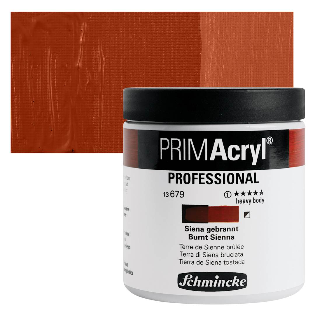 Open in modal - Schmincke Primacryl Professional Acrylic Paint - Burnt Sienna, 237 ml Jar and swatch