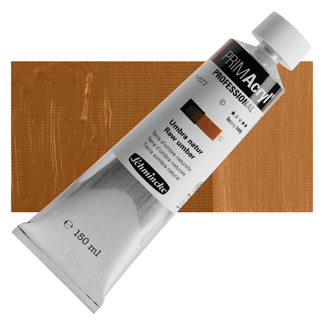 Open in modal - Schmincke Primacryl Professional Acrylic Paint - Raw Umber, 150 ml Tube and swatch