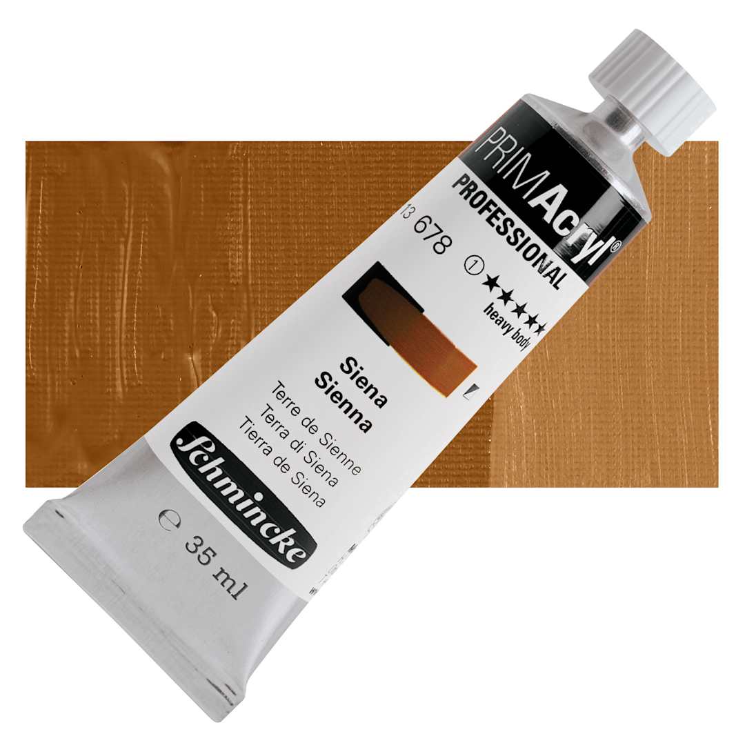 Open in modal - Schmincke Primacryl Professional Acrylic Paint - Sienna, 35 ml Tube and swatch