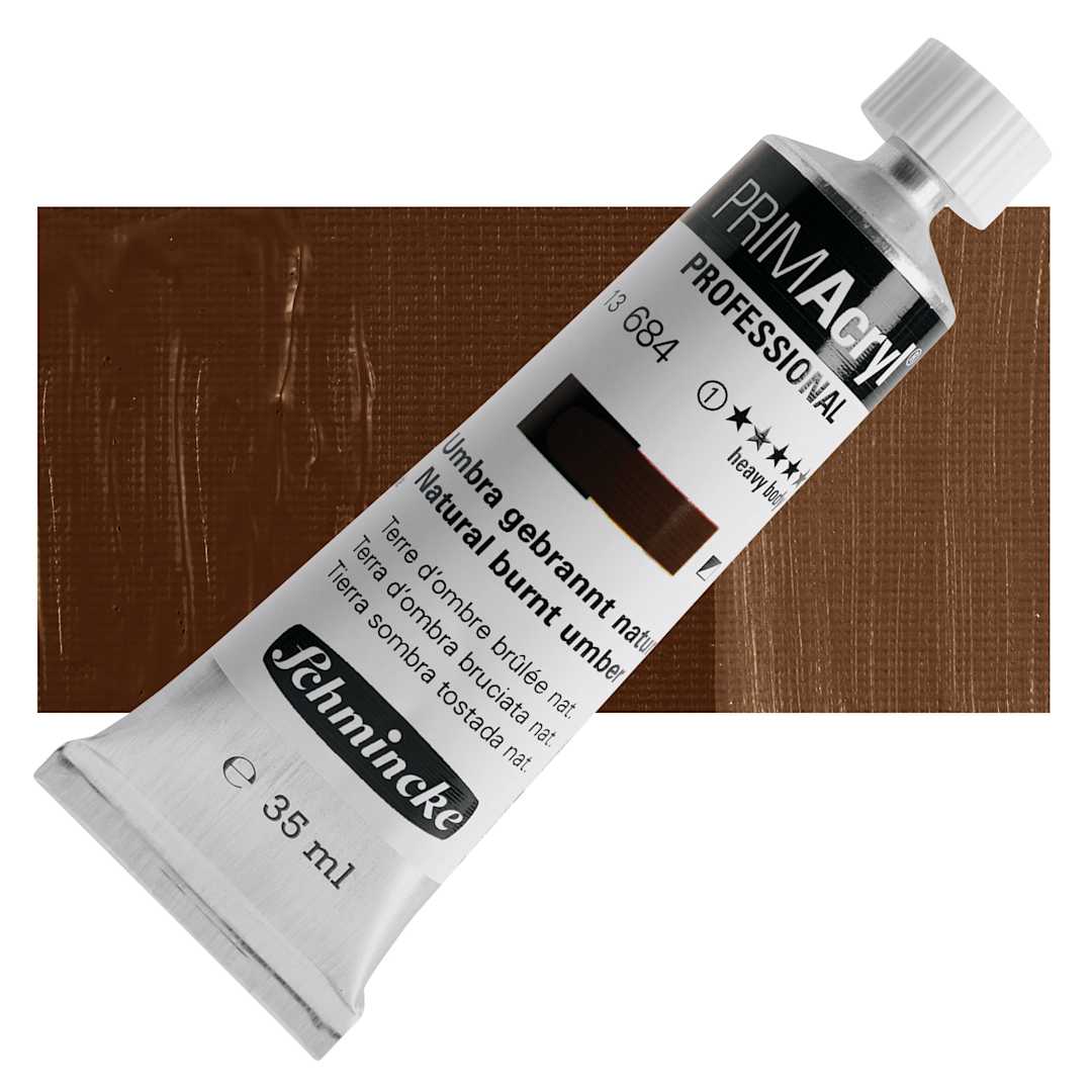 Open in modal - Schmincke Primacryl Professional Acrylic Paint - Natural Burnt Umber, 35 ml Tube and swatch