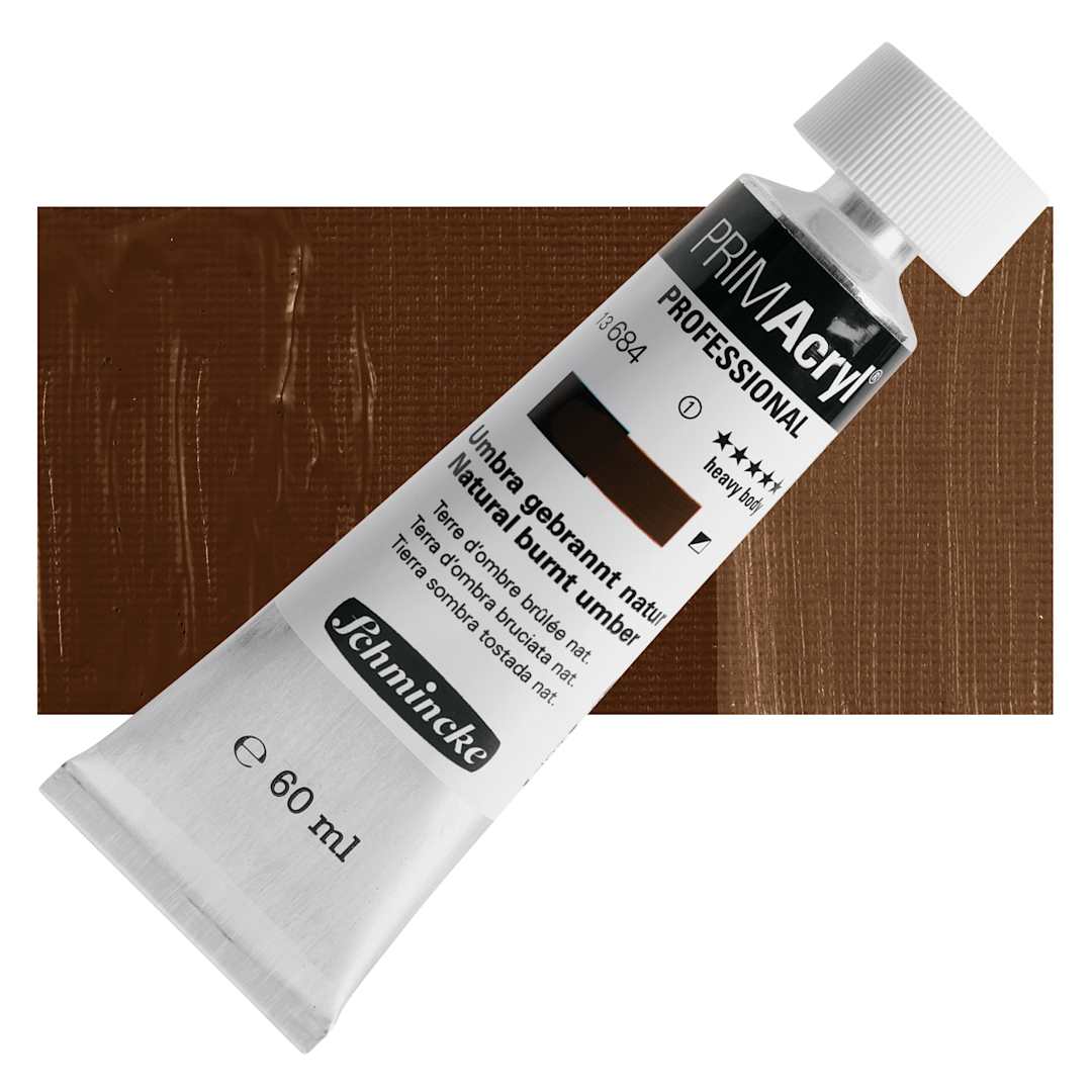 Open in modal - Schmincke Primacryl Professional Acrylic Paint - Natural Burnt Umber, 60 ml Tube and swatch
