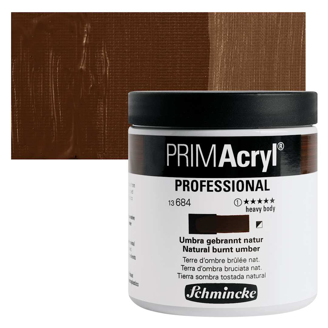 Open in modal - Schmincke Primacryl Professional Acrylic Paint - Natural Burnt Umber, 237 ml Jar and swatch