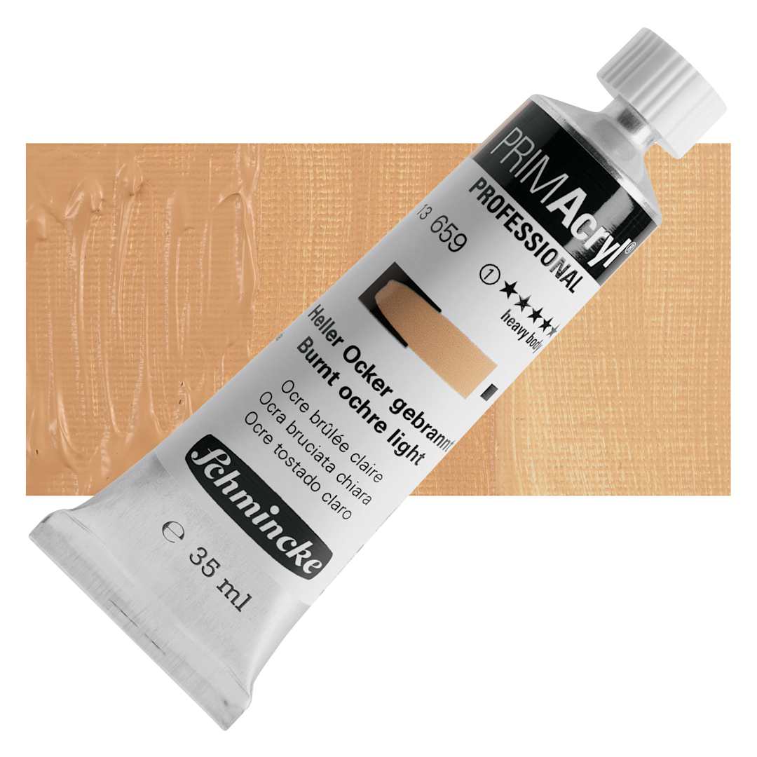 Open in modal - Schmincke Primacryl Professional Acrylic Paint - Burnt Ochre Light, 35 ml Tube and swatch