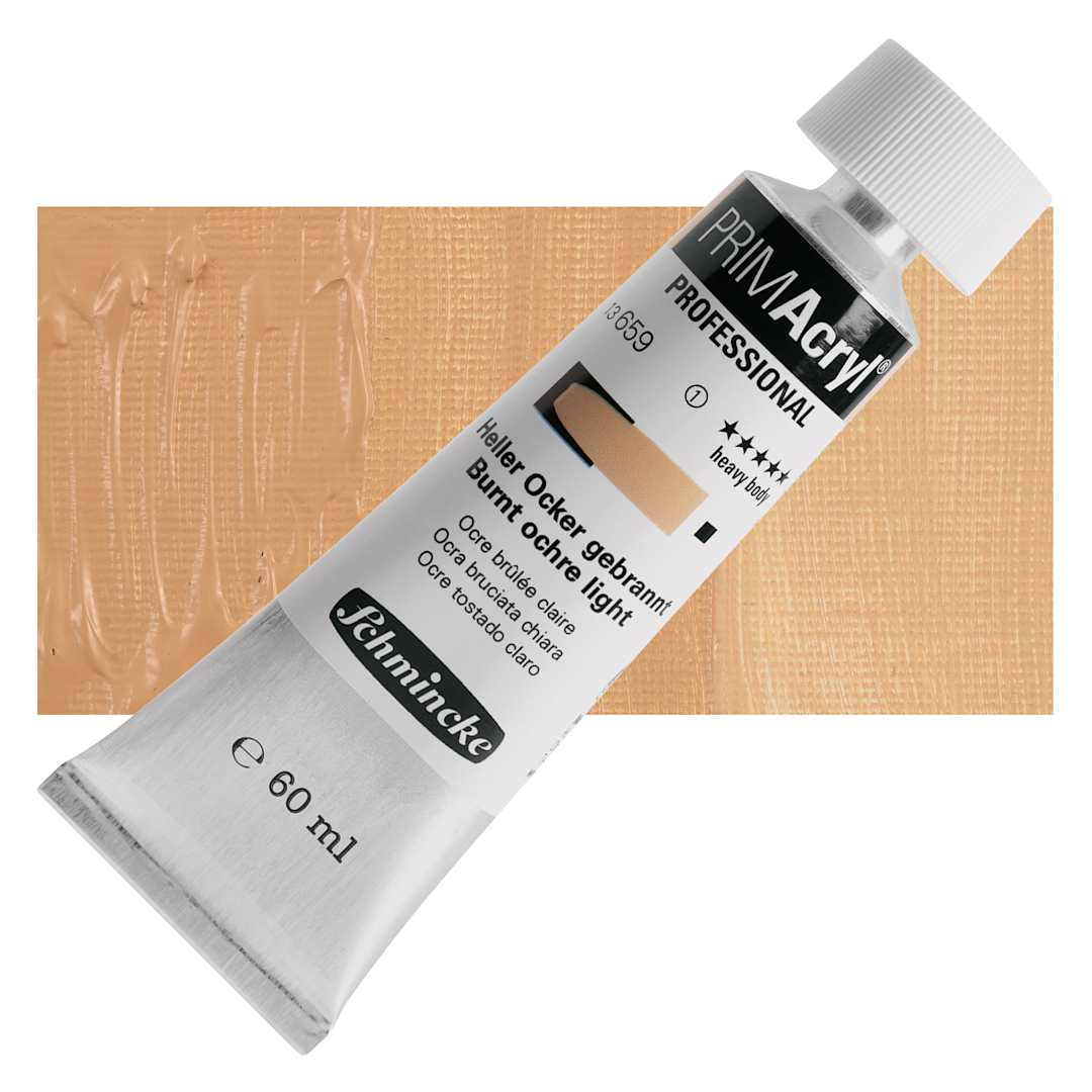 Open in modal - Schmincke Primacryl Professional Acrylic Paint - Burnt Ochre Light, 60 ml Tube and swatch