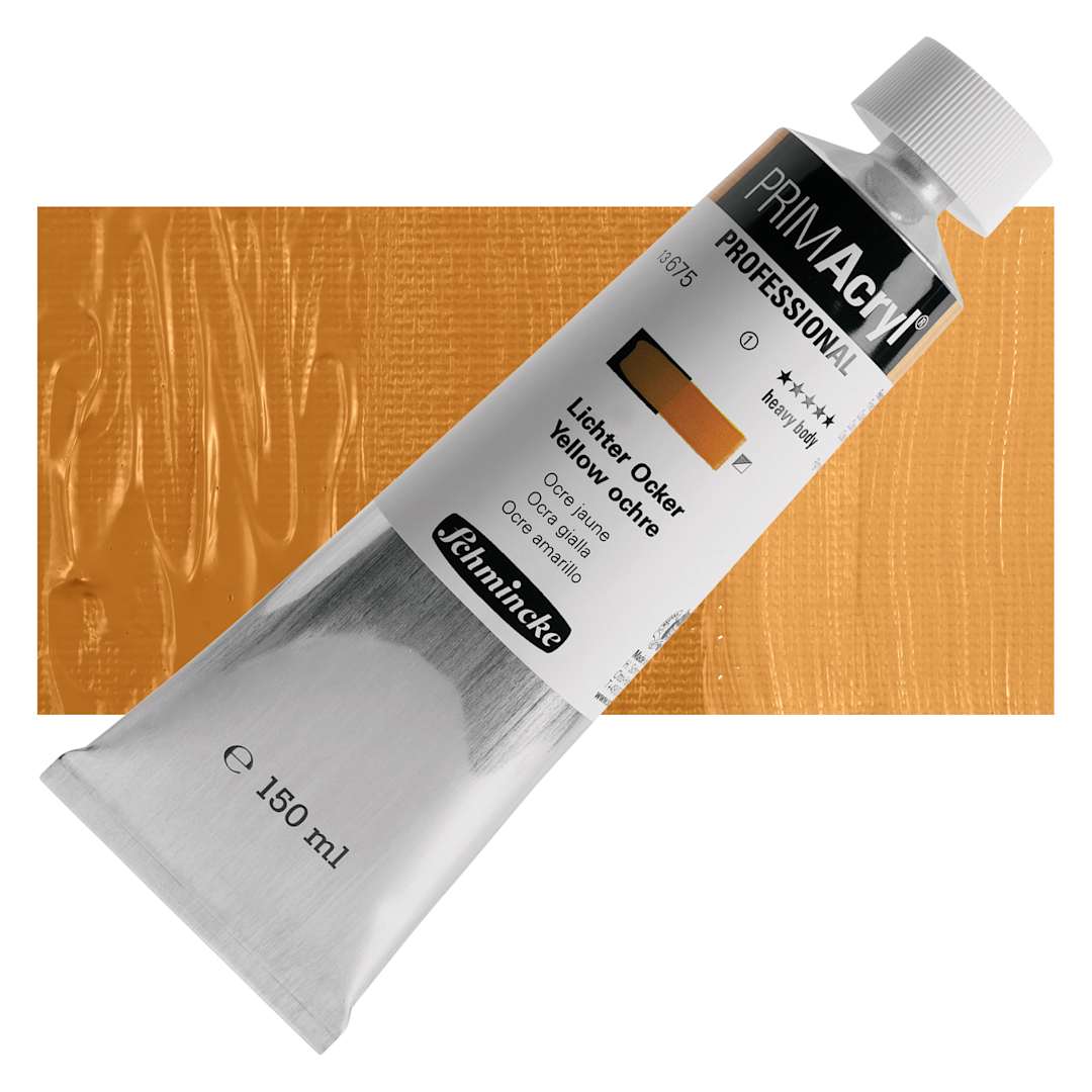 Open in modal - Schmincke Primacryl Professional Acrylic Paint - Yellow Ochre, 150 ml Tube and swatch