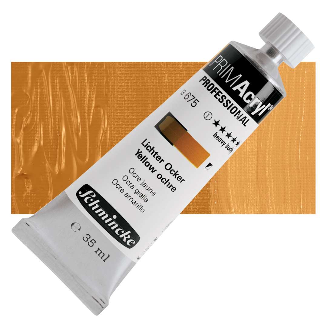 Open in modal - Schmincke Primacryl Professional Acrylic Paint - Yellow Ochre, 35 ml Tube and swatch