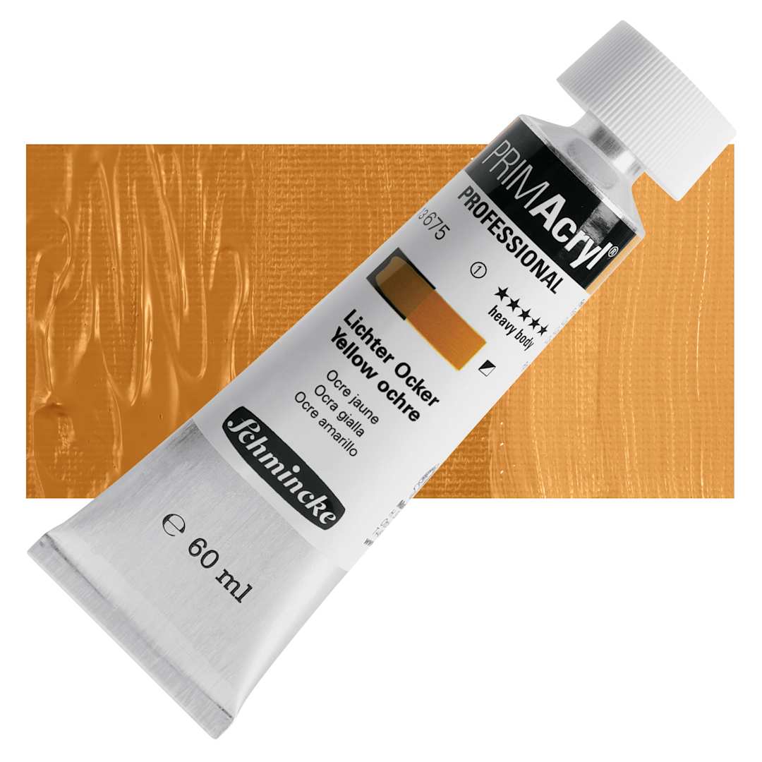 Open in modal - Schmincke Primacryl Professional Acrylic Paint - Yellow Ochre, 60 ml Tube and swatch