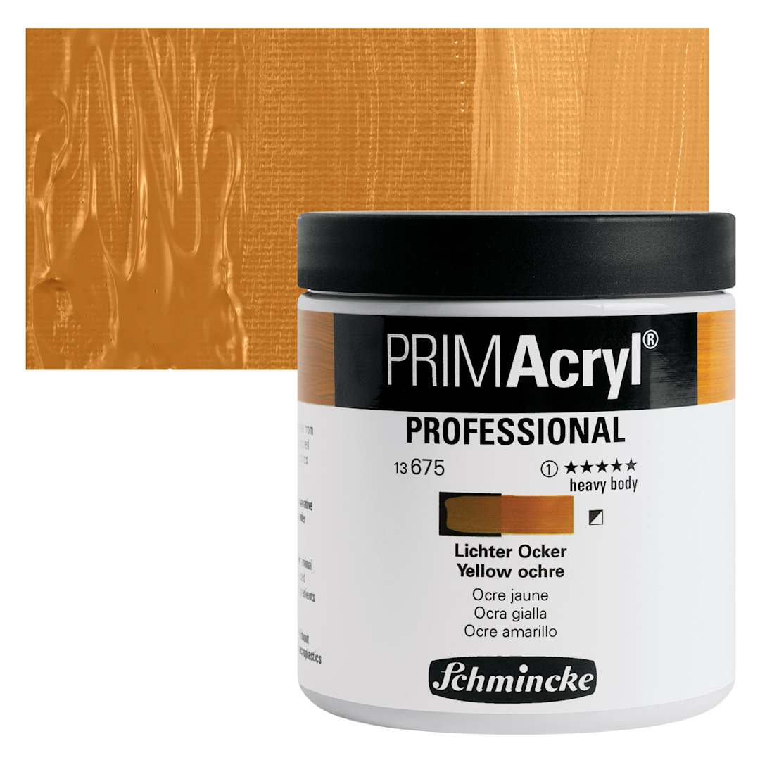 Open in modal - Schmincke Primacryl Professional Acrylic Paint - Yellow Ochre, 237 ml Jar and swatch