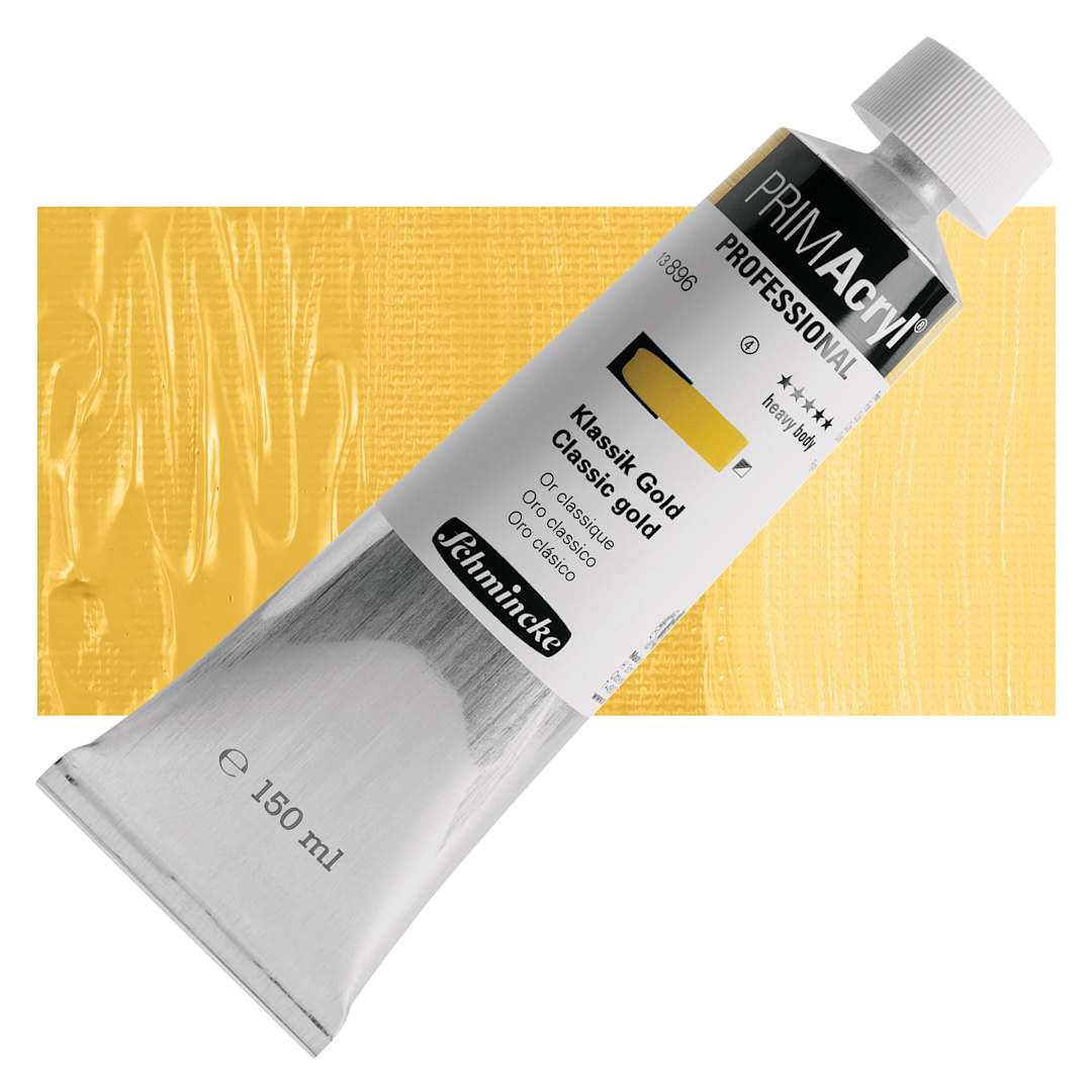 Open in modal - Schmincke Primacryl Professional Acrylic Paint - Classic Gold, 150 ml Tube and swatch