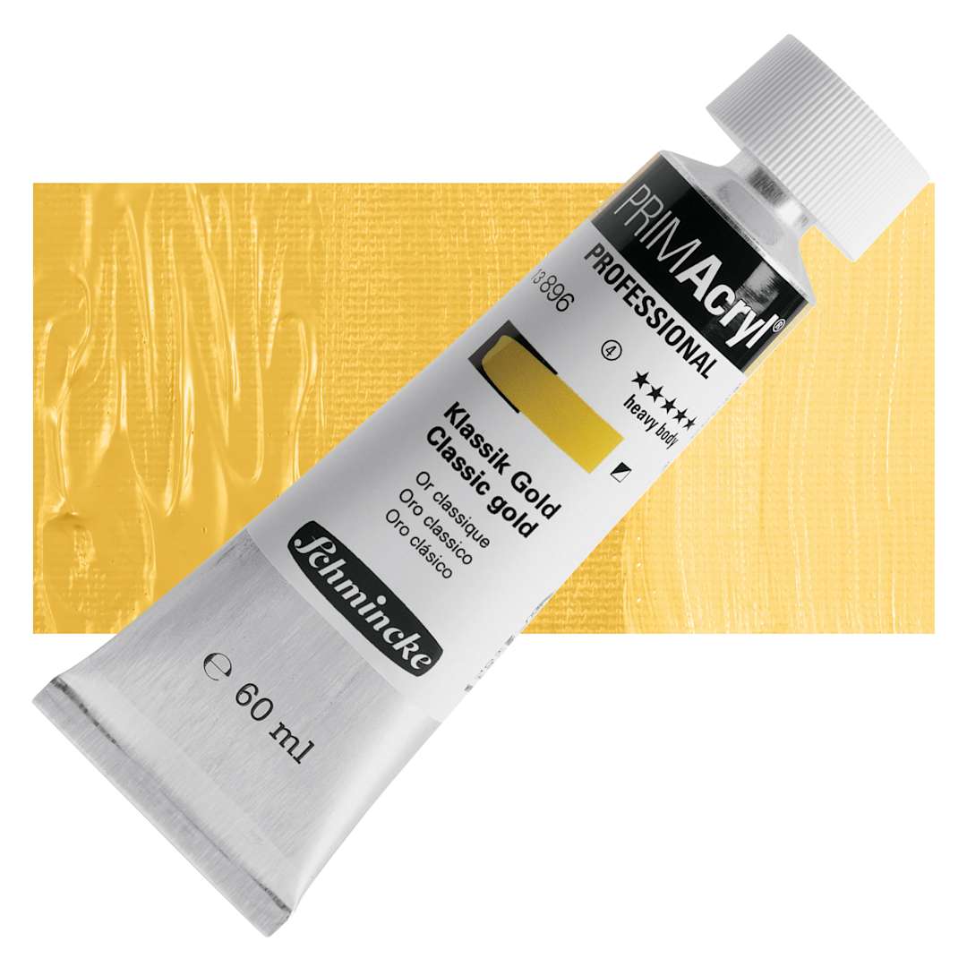 Open in modal - Schmincke Primacryl Professional Acrylic Paint - Classic Gold, 60 ml Tube and swatch