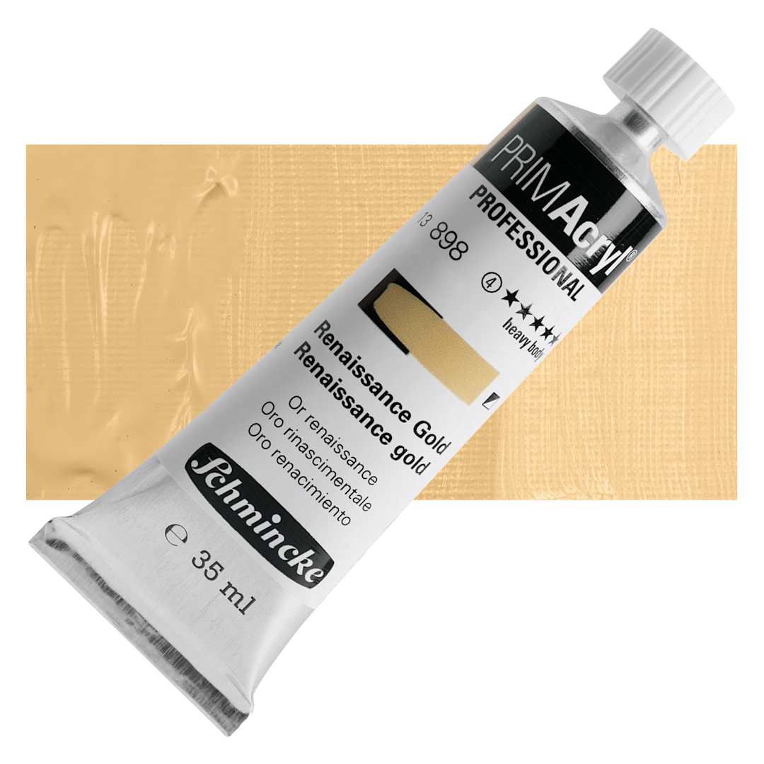 Open in modal - Schmincke Primacryl Professional Acrylic Paint - Renaissance Gold, 35 ml Tube and swatch
