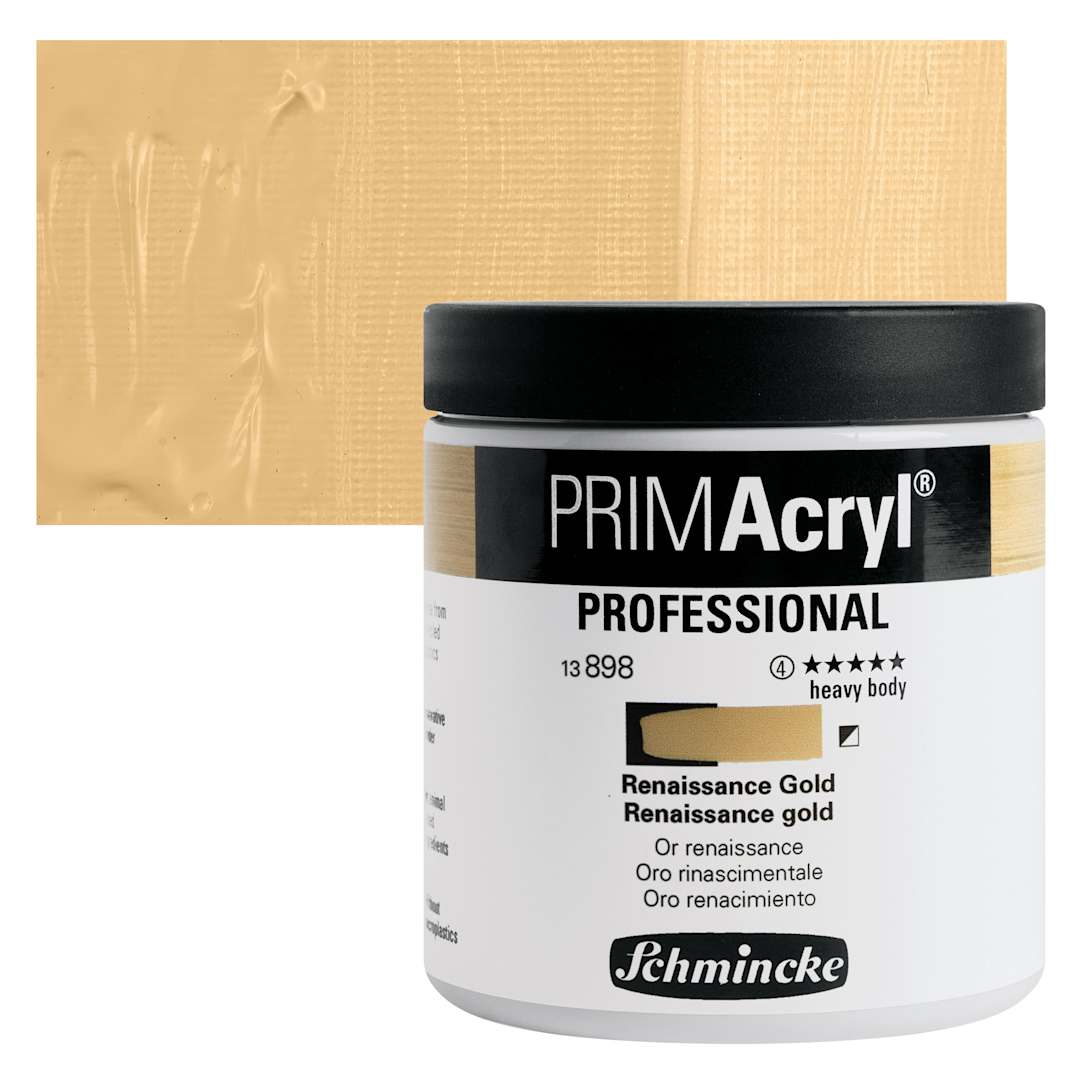 Open in modal - Schmincke Primacryl Professional Acrylic Paint - Renaissance Gold, 237 ml Jar and swatch