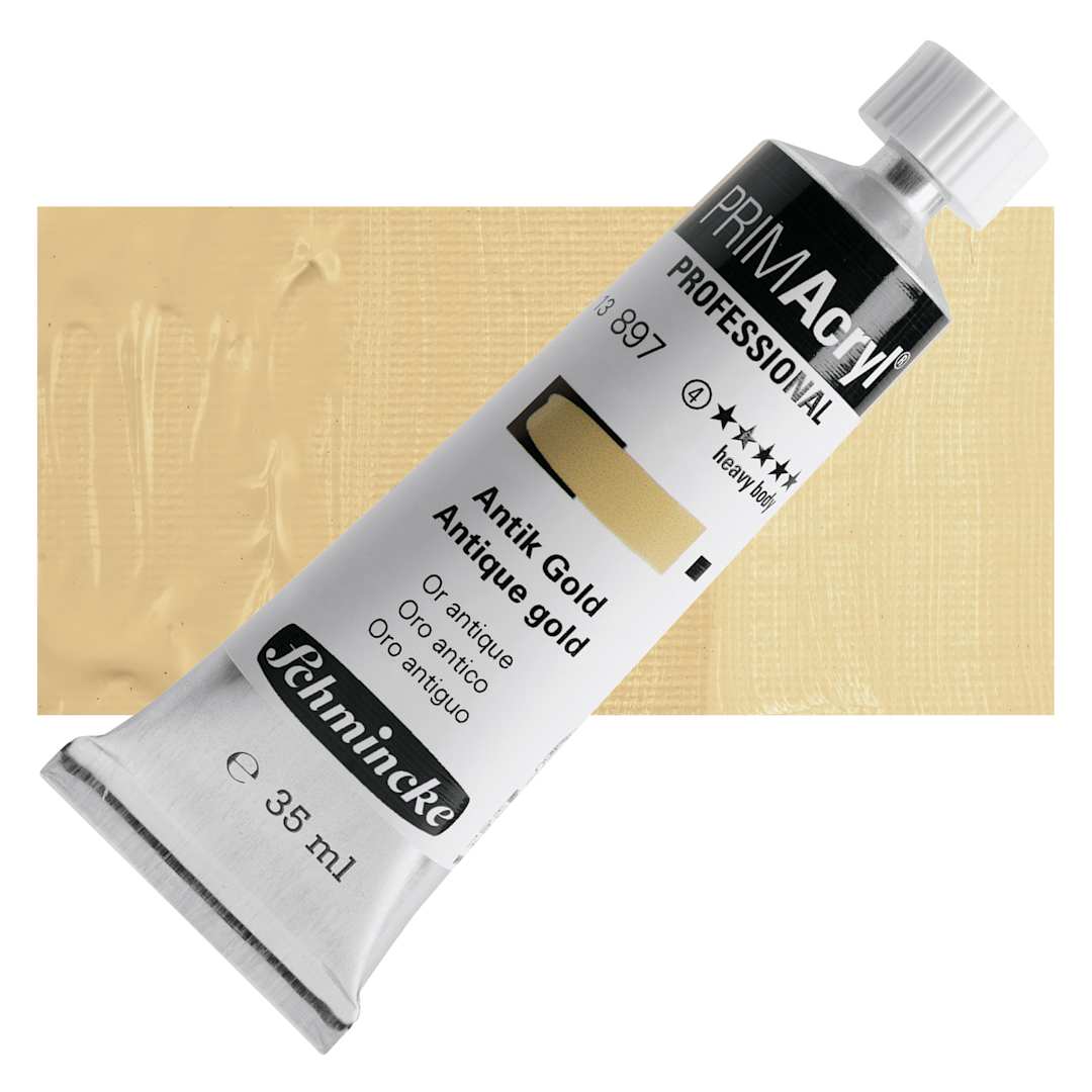 Open in modal - Schmincke Primacryl Professional Acrylic Paint - Antique Gold, 35 ml Tube and swatch
