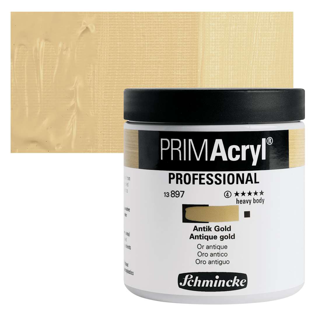 Open in modal - Schmincke Primacryl Professional Acrylic Paint - Antique Gold, 237 ml Jar and swatch