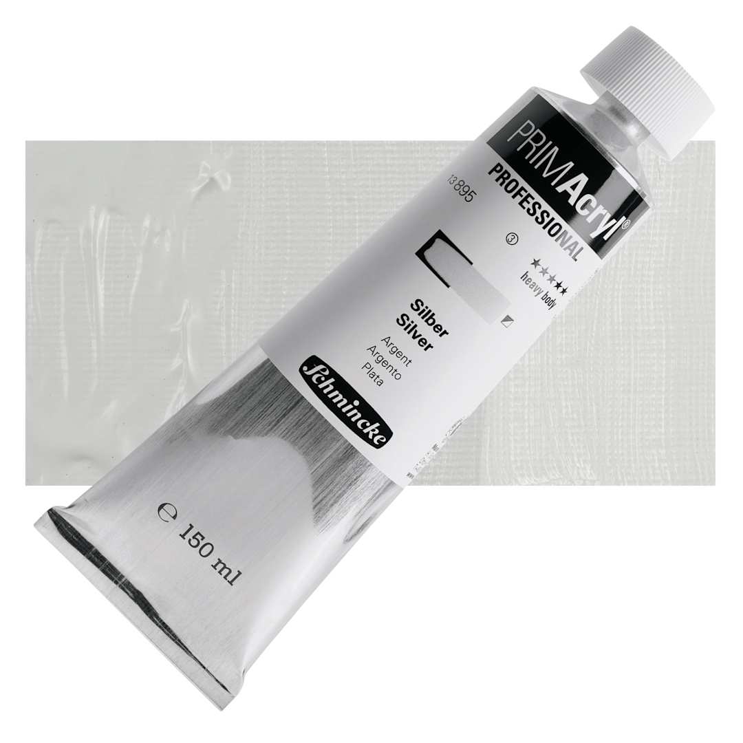 Open in modal - Schmincke Primacryl Professional Acrylic Paint - Silver, 150 ml Tube and swatch