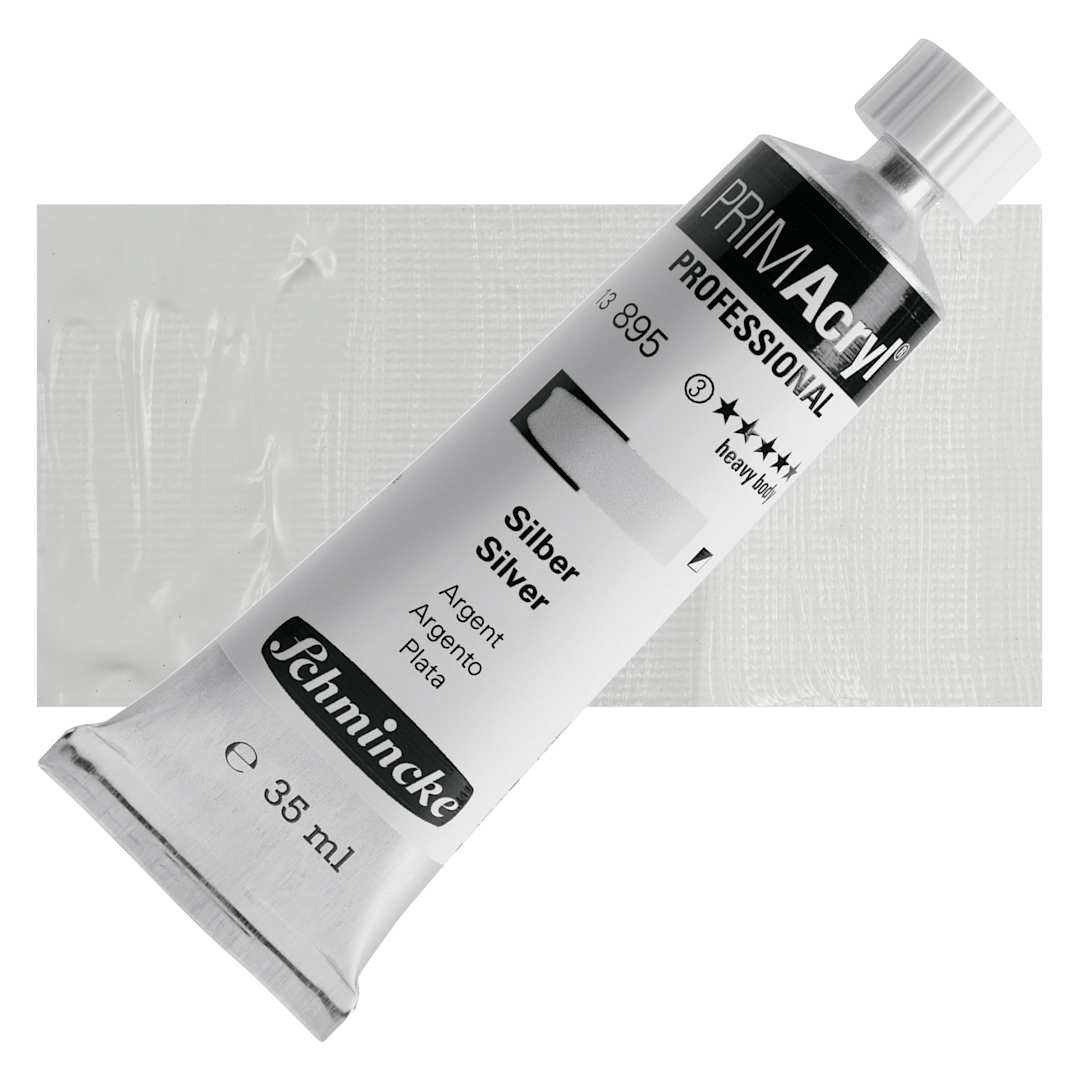 Open in modal - Schmincke Primacryl Professional Acrylic Paint - Silver, 35 ml Tube and swatch