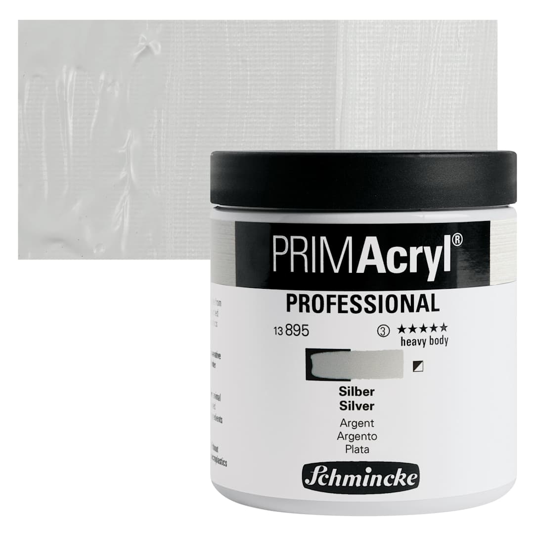 Open in modal - Schmincke Primacryl Professional Acrylic Paint - Silver, 237 ml Jar and swatch