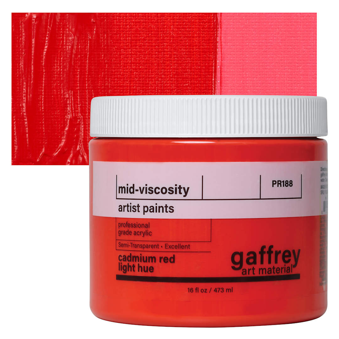Open in modal - Gaffrey Art Material Standard Body Acrylic Paint - Cadmium Red Light Hue, 473 ml jar and swatch