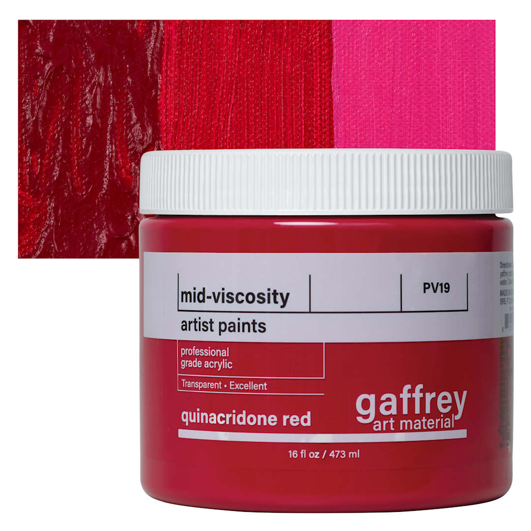 Open in modal - Gaffrey Art Material Standard Body Acrylic Paint - Quinacridone Red, 473 ml jar and swatch