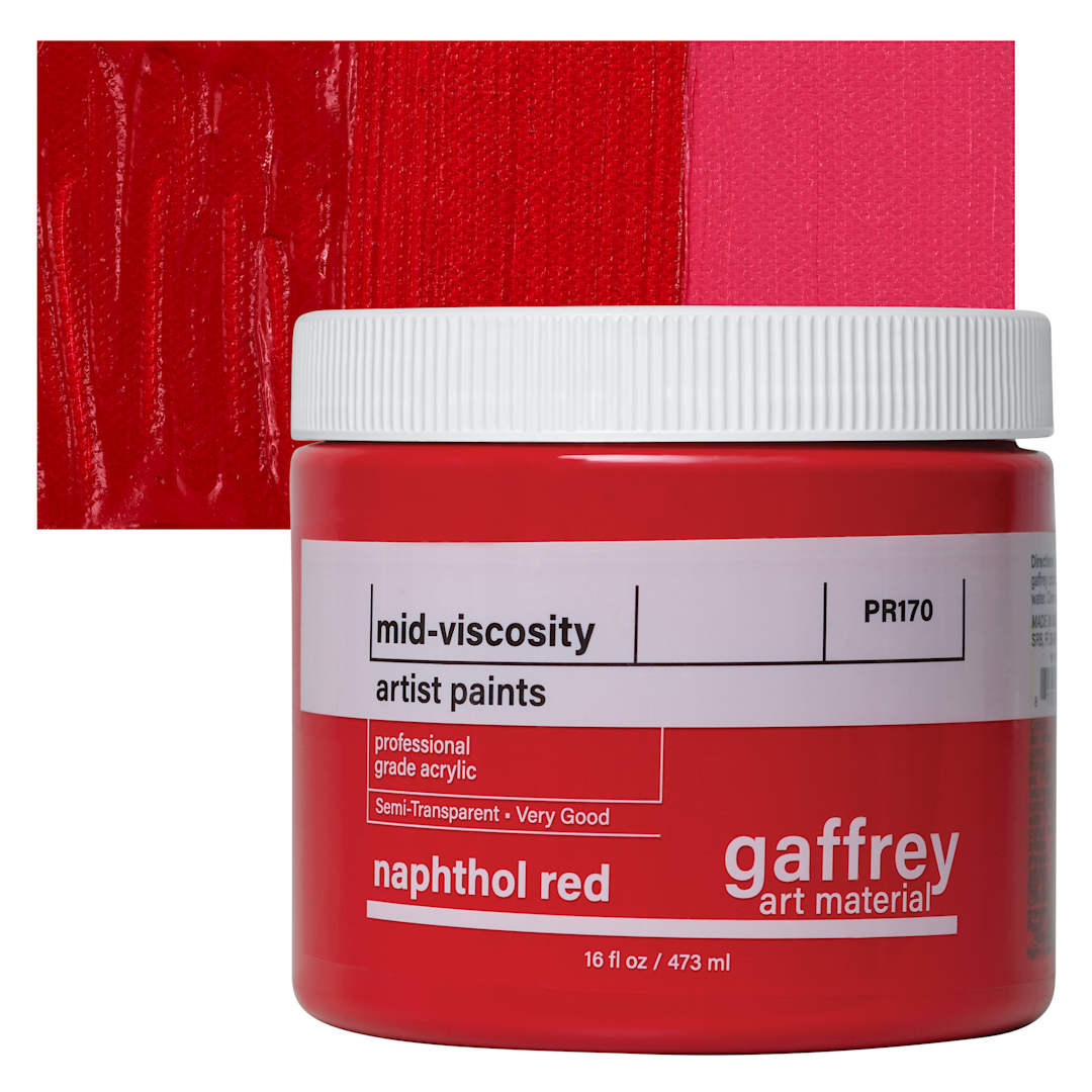Open in modal - Gaffrey Art Material Standard Body Acrylic Paint - Naphthol Red, 473 ml jar and swatch
