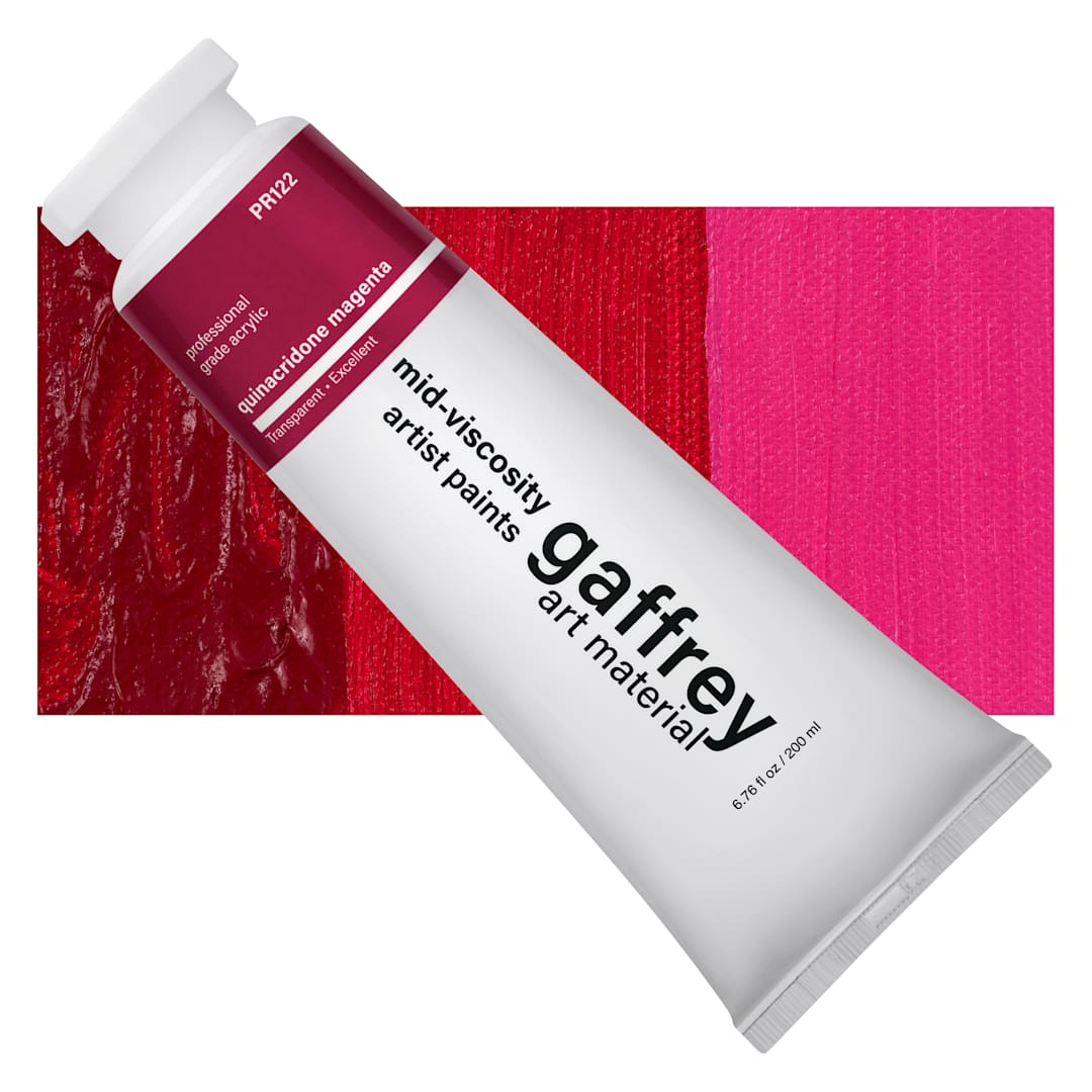Open in modal - Gaffrey Art Material Standard Body Acrylic Paint - Quinacridone Magenta, 200 ml tube and swatch