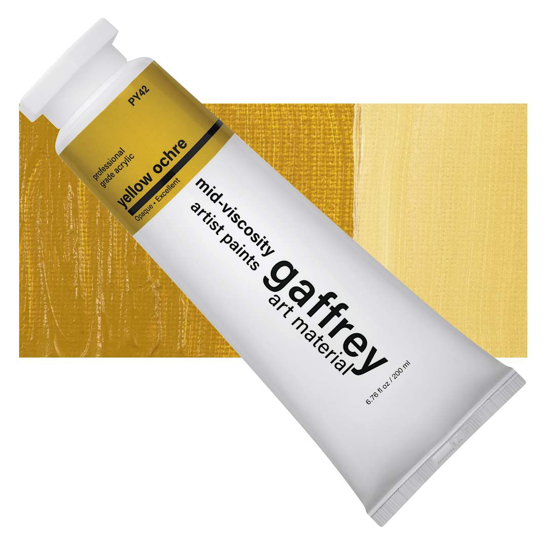 Open in modal - Gaffrey Art Material Standard Body Acrylic Paint - Yellow Ochre, 200 ml tube and swatch