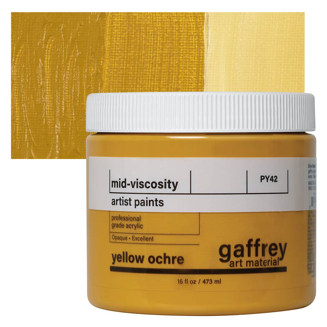 Open in modal - Gaffrey Art Material Standard Body Acrylic Paint - Yellow Ochre, 473 ml jar and swatch