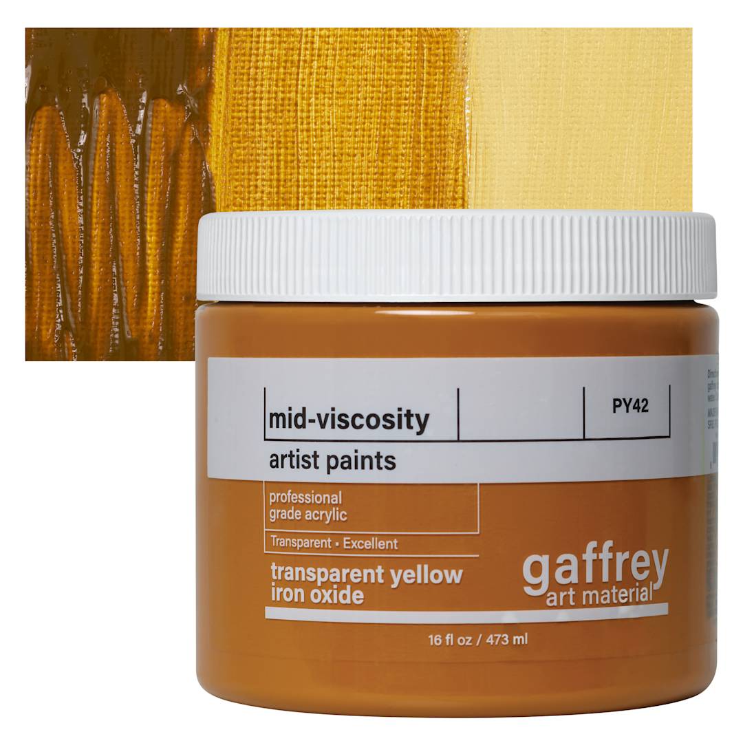 Open in modal - Gaffrey Art Material Standard Body Acrylic Paint - Yellow Iron Oxide, 473 ml jar and swatch