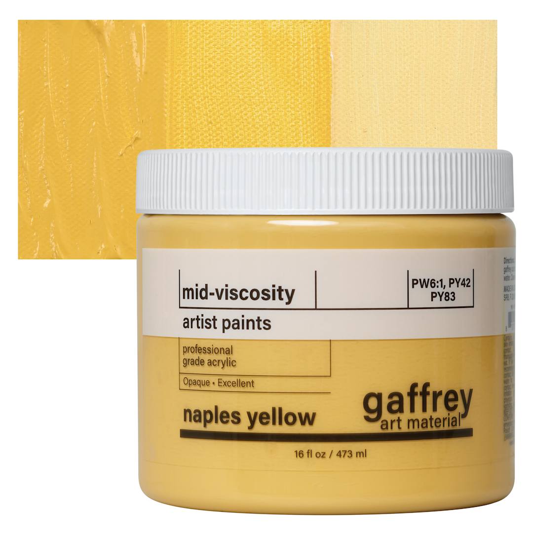Open in modal - Gaffrey Art Material Standard Body Acrylic Paint - Naples Yellow, 473 ml jar and swatch