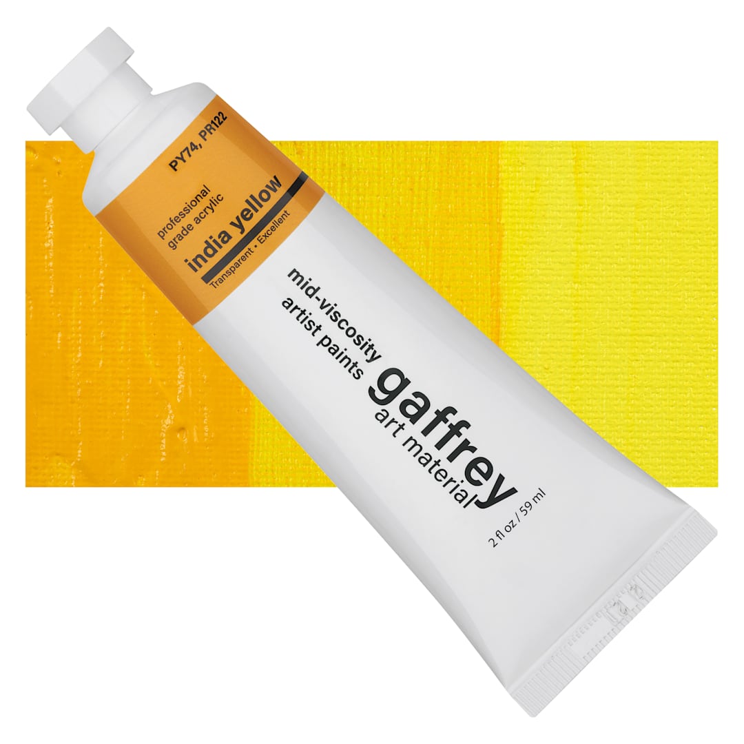 Open in modal - Gaffrey Art Material Standard Body Acrylic Paint - India Yellow, 59 ml tube and swatch