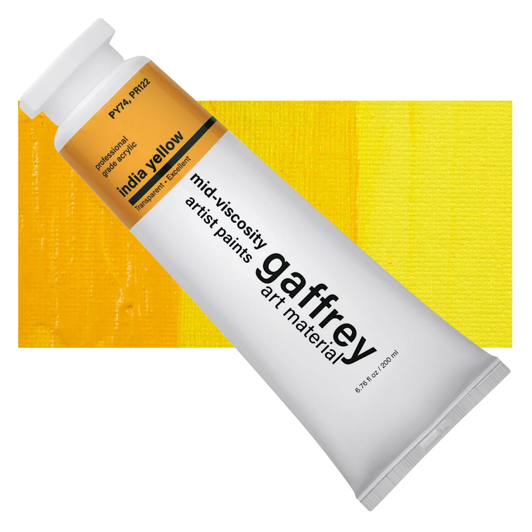 Open in modal - Gaffrey Art Material Standard Body Acrylic Paint - India Yellow, 200 ml tube and swatch