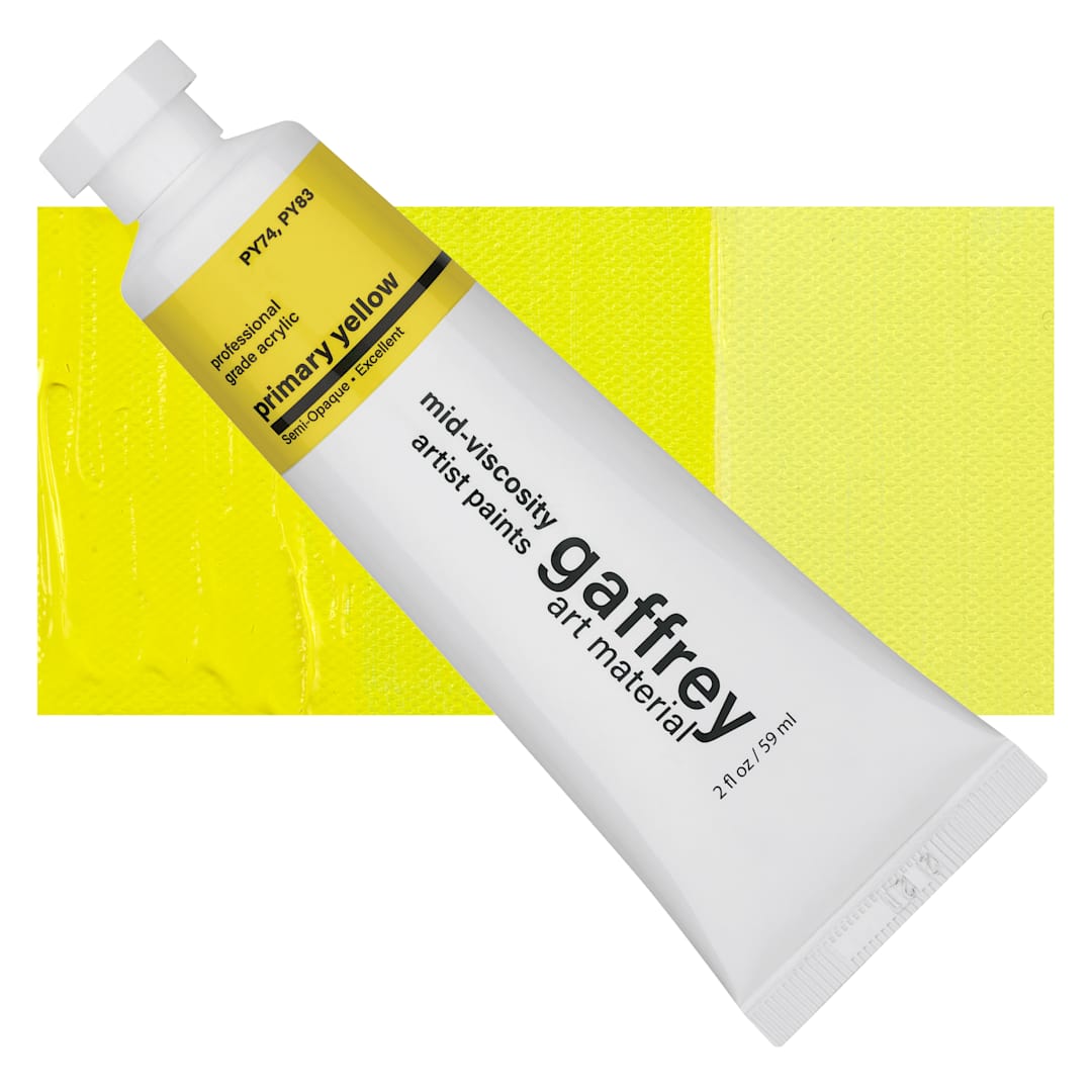 Open in modal - Gaffrey Art Material Standard Body Acrylic Paint - Primary Yellow, 59 ml tube and swatch