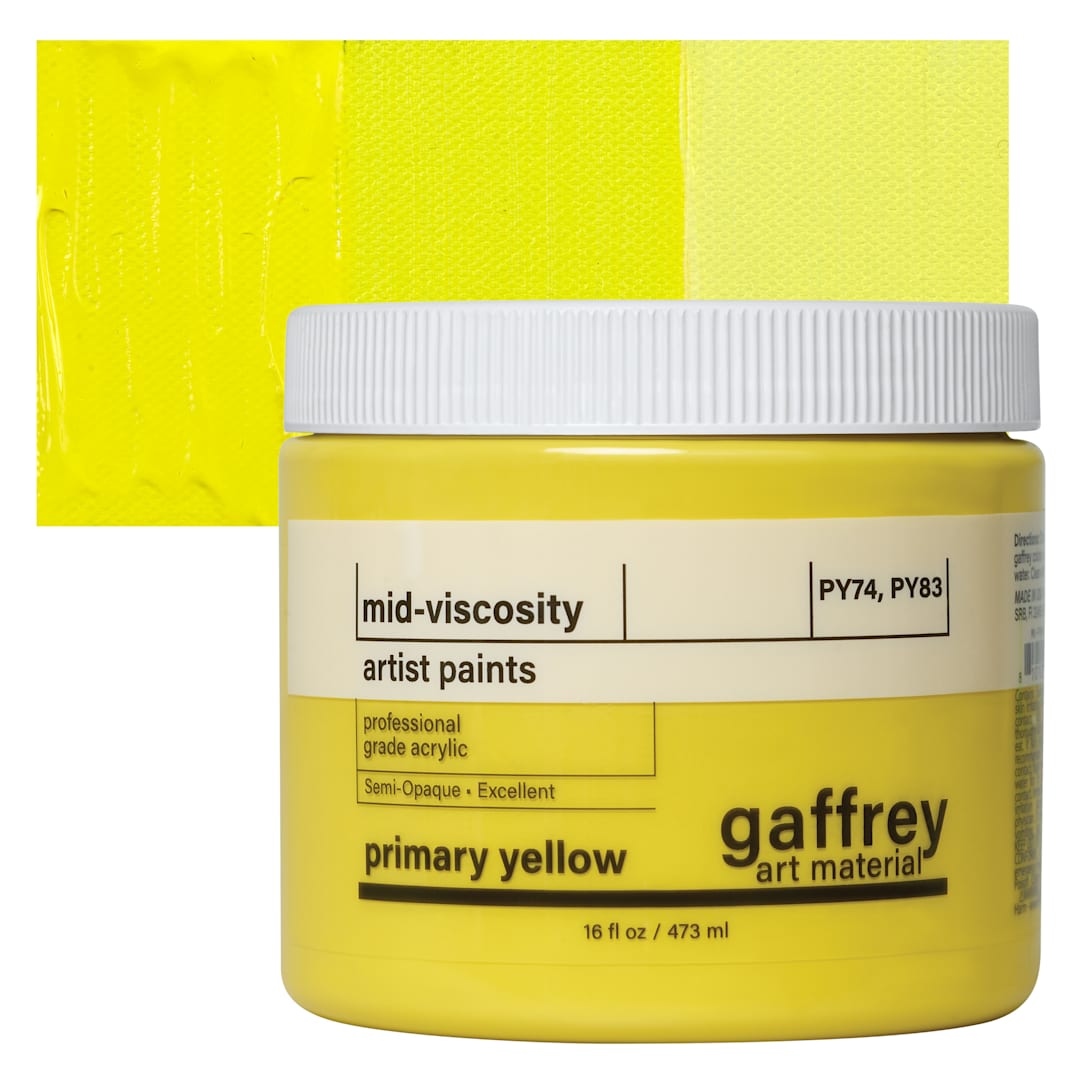 Open in modal - Gaffrey Art Material Standard Body Acrylic Paint - Primary Yellow, 473 ml jar and swatch