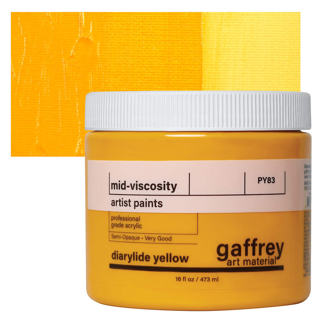 Open in modal - Gaffrey Art Material Standard Body Acrylic Paint - Diarylide Yellow, 473 ml jar and swatch