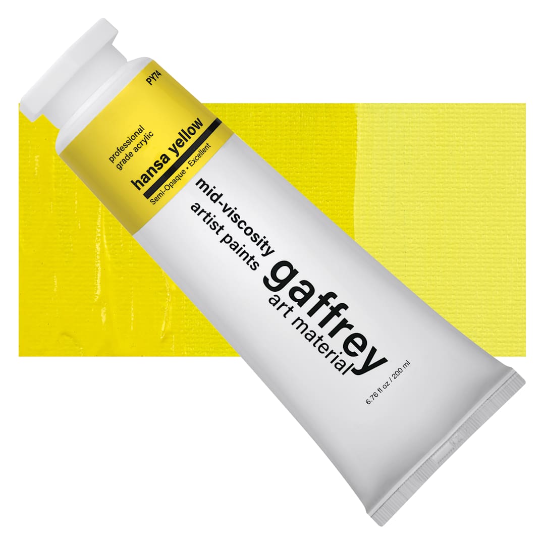Open in modal - Gaffrey Art Material Standard Body Acrylic Paint - Hansa Yellow, 200 ml tube and swatch