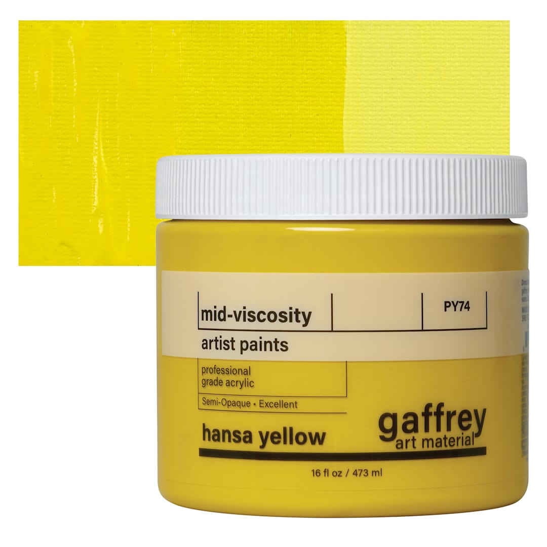 Open in modal - Gaffrey Art Material Standard Body Acrylic Paint - Hansa Yellow, 473 ml jar and swatch
