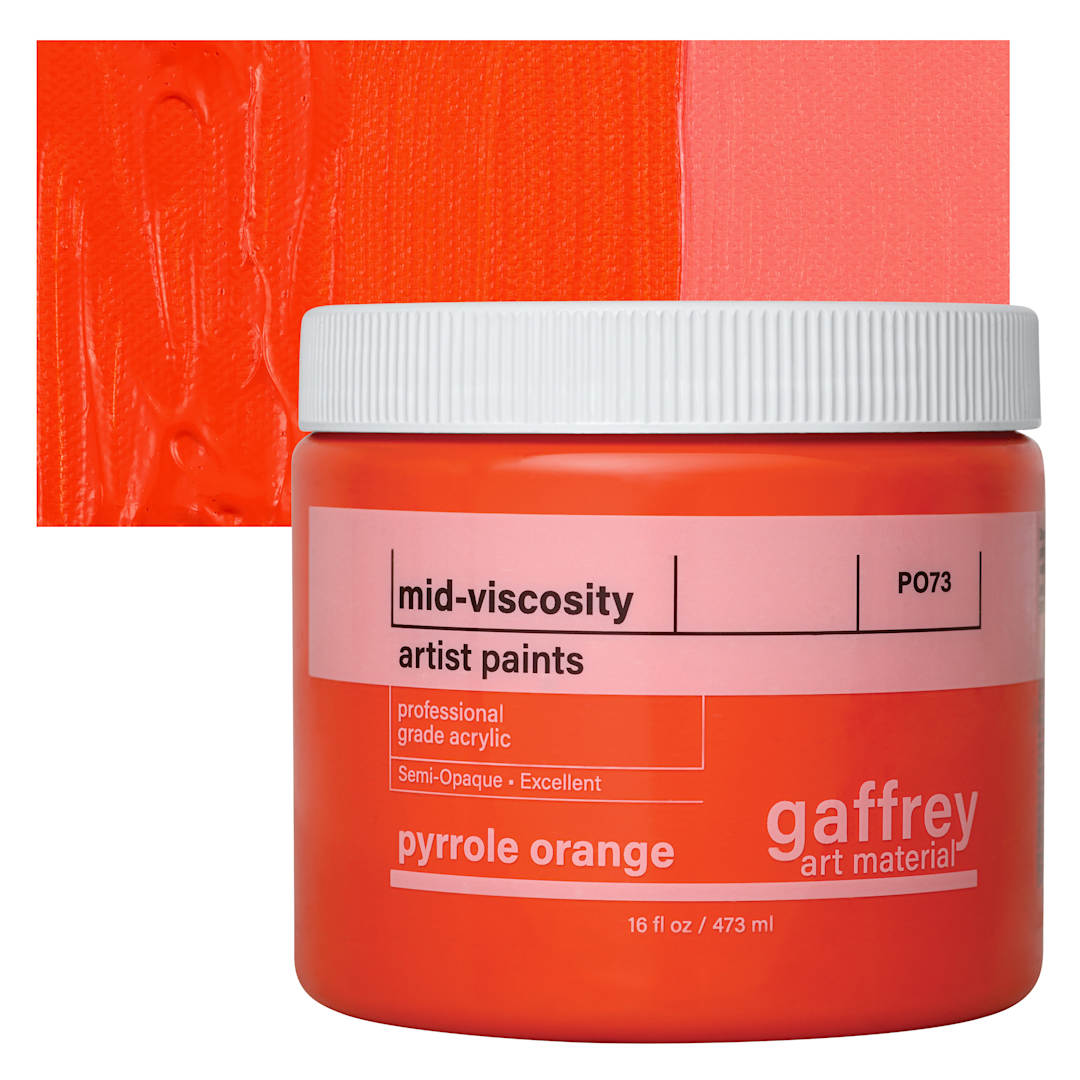 Open in modal - Gaffrey Art Material Standard Body Acrylic Paint - Pyrrole Orange, 473 ml jar and swatch